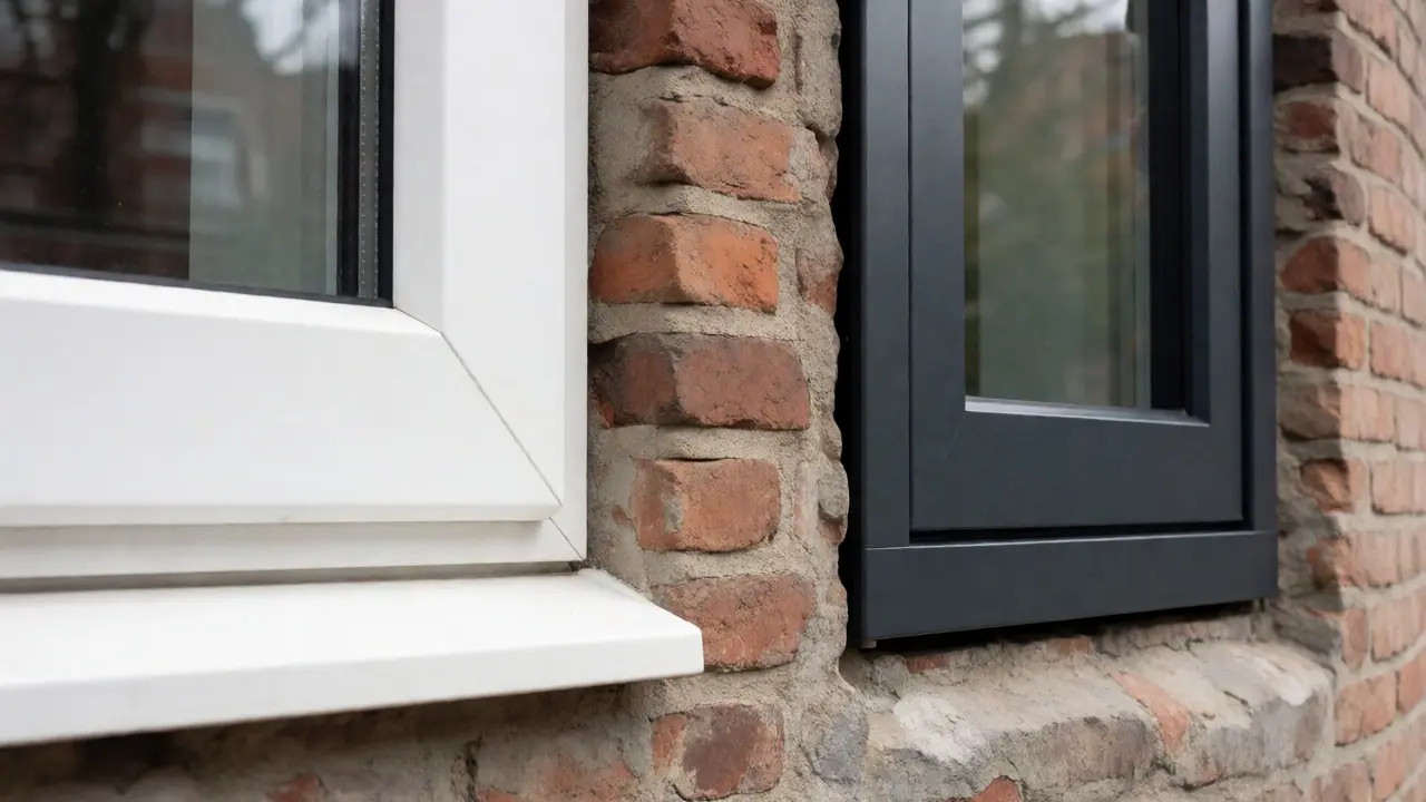 Schmales Aluminiumfenster neben klobigem Kunststoffrahmen