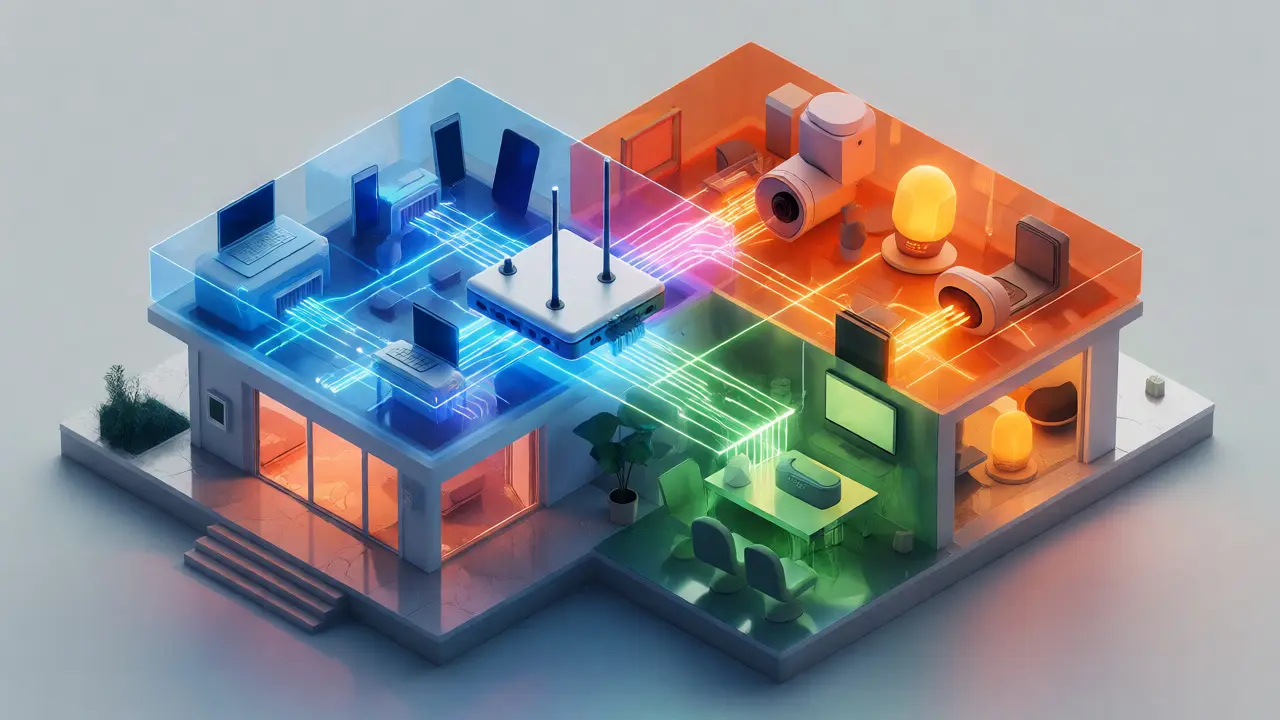 3D-Modell eines Hauses mit getrennten Netzwerkzonen für Geräte