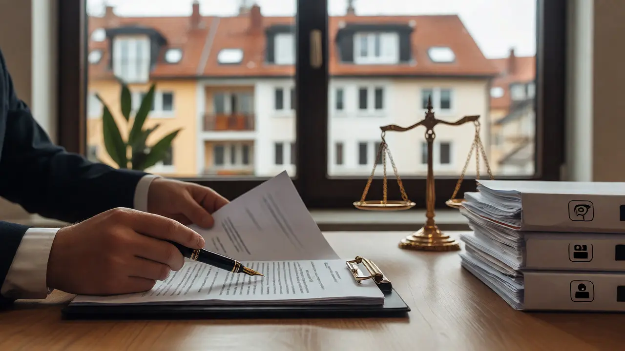 Anwaltsbüro mit Dokumenten und Blick auf ein Mehrfamilienhaus im Hintergrund.