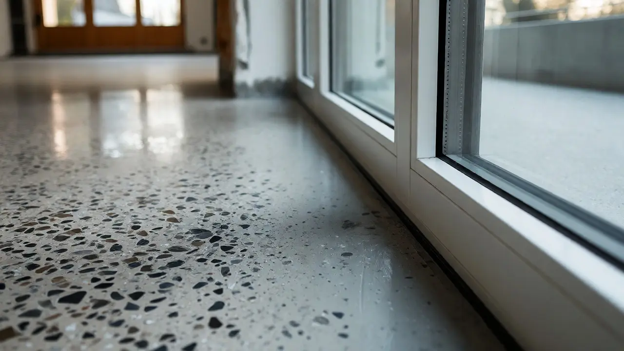 Detailaufnahme von poliertem Sichtestrich und modernen Fenstern