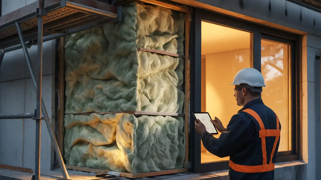 Energieexperte prüft Wanddämmung bei einer Sanierung für den Effizienzhaus-Standard