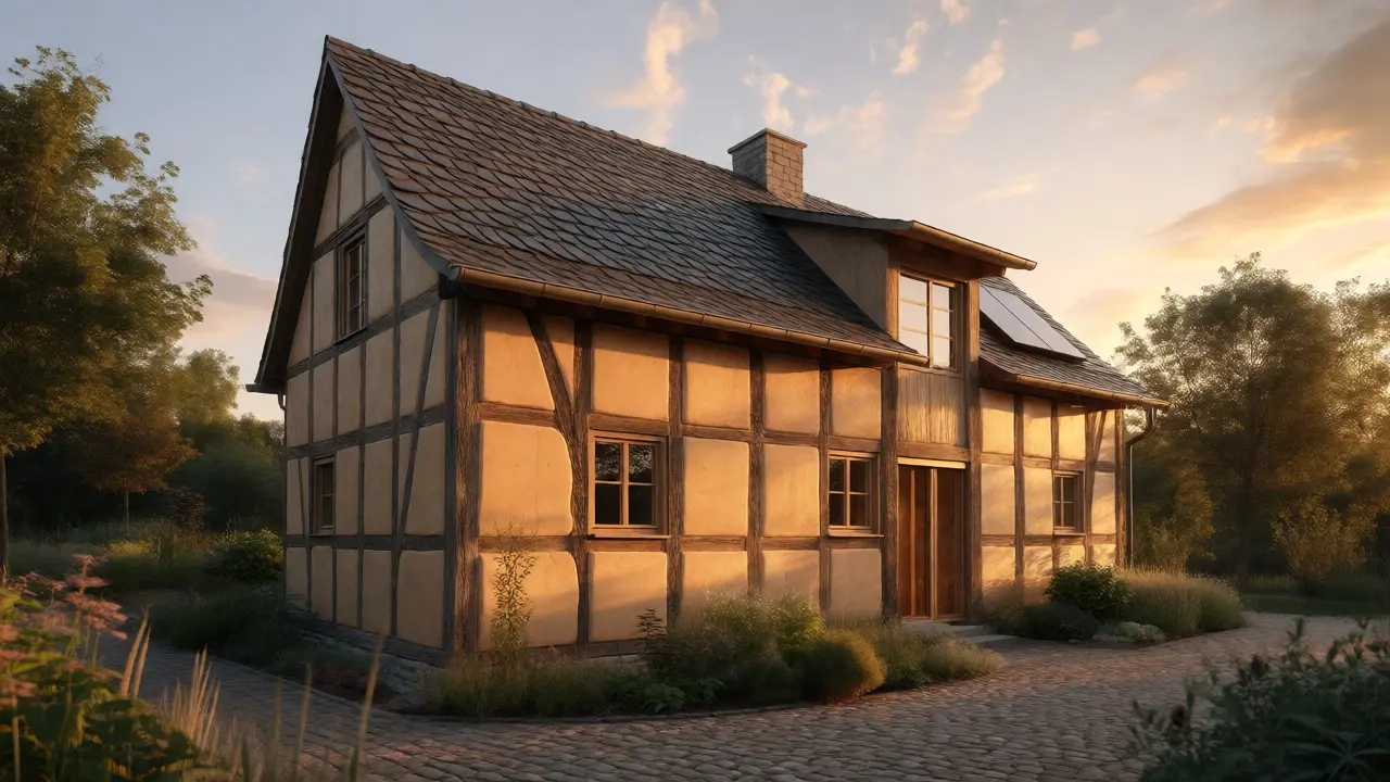 Fachwerkhaus mit Lehmputz-Fassade bei Sonnenuntergang