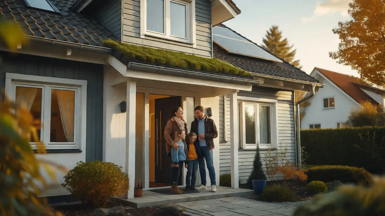 Familie vor frisch saniertem, energieeffizientem Einfamilienhaus