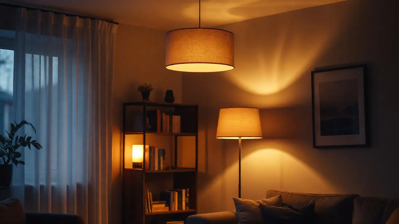 Gemütliches Abendlicht im Wohnzimmer durch mehrschichtige Beleuchtung.