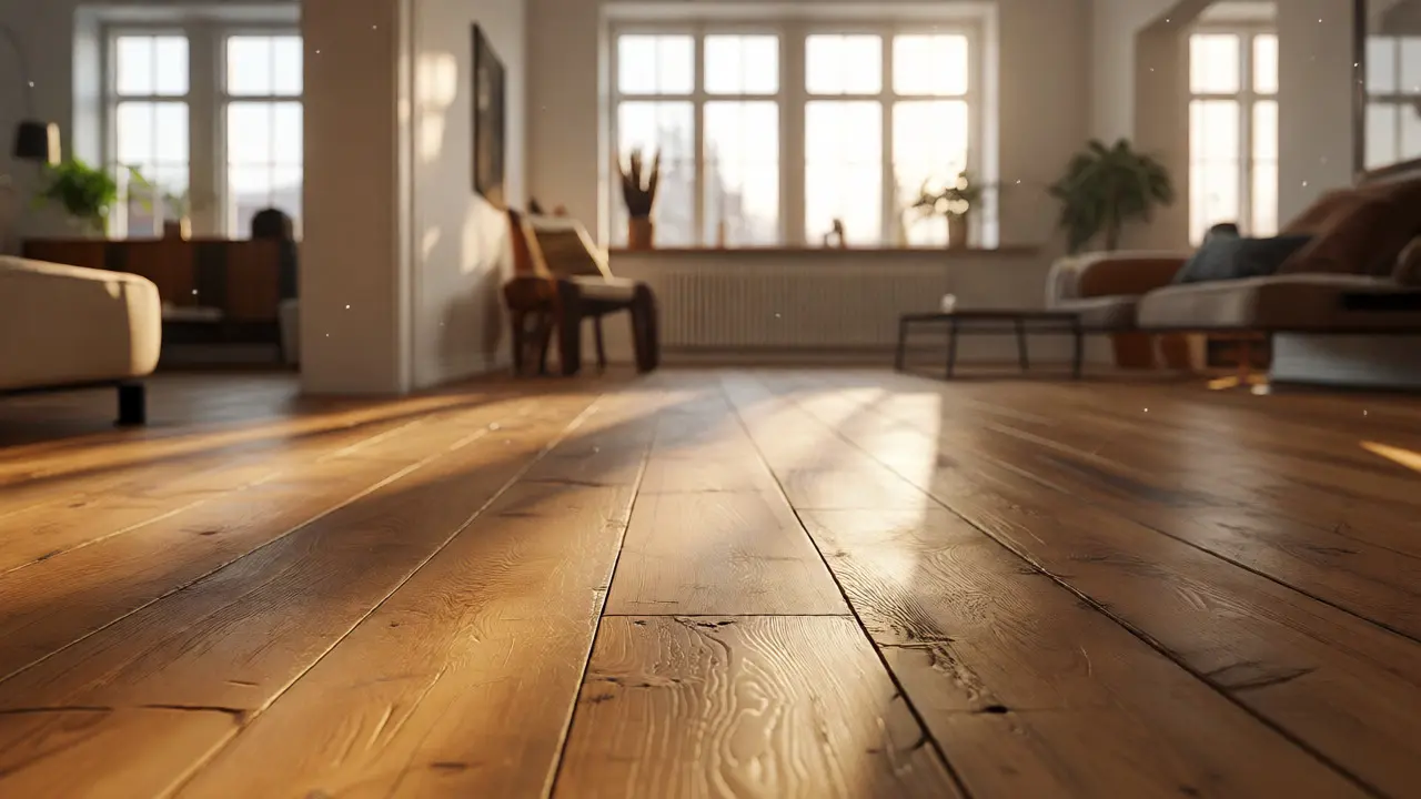 Gemütliches Wohnzimmer mit sonnenbeschienenem Eichenparkettboden und warmer Atmosphäre.