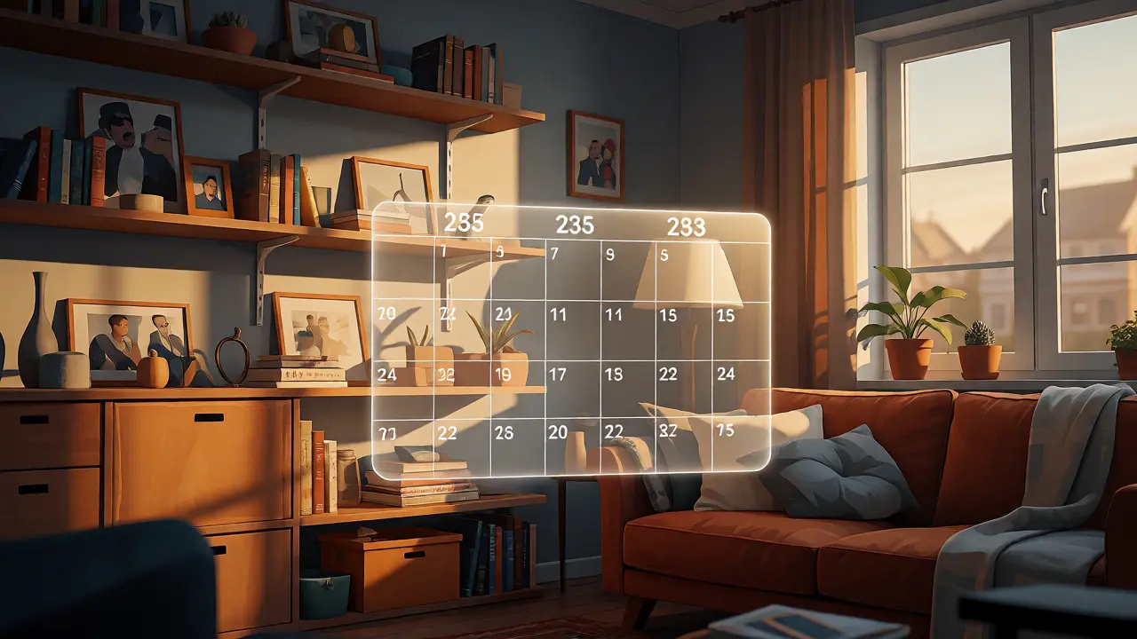 Gemütliches Wohnzimmer mit überlagertem Kalender zur Visualisierung der Dreijahresregel