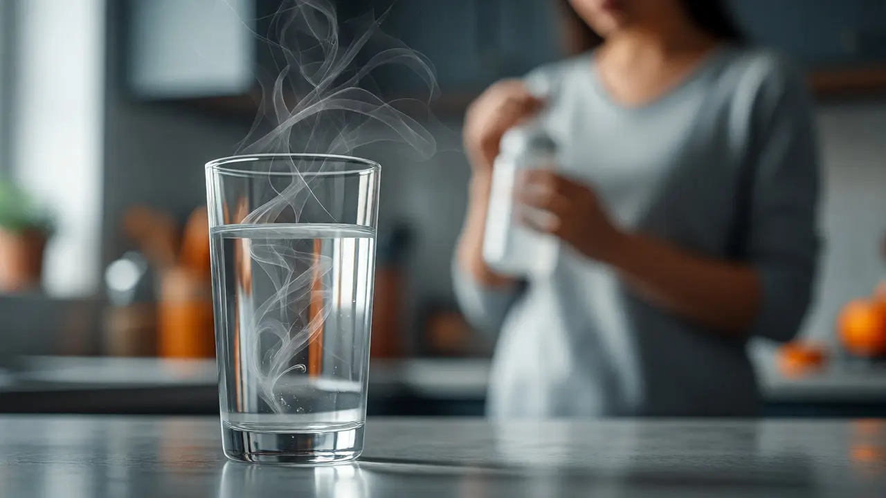 Glas Wasser mit unsichtbaren Blei-Symbolen im Hintergrund