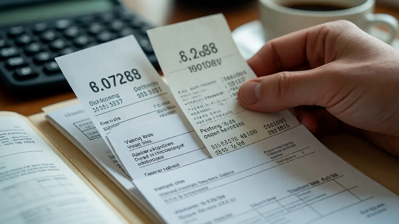 Hand sortiert Belege wie Notar- und Maklerrechnungen für die Steuererklärung