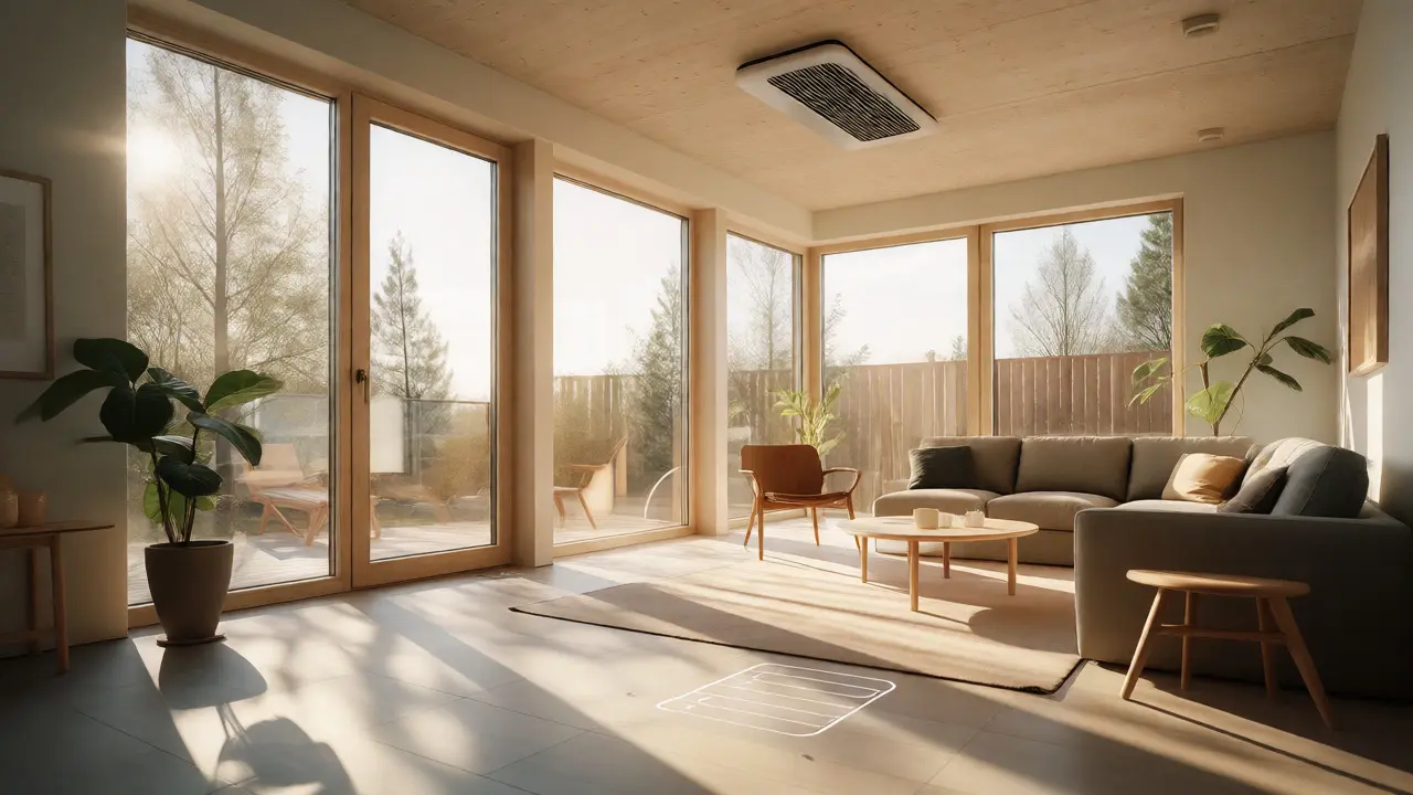 Helles, energieeffizientes Wohnzimmer mit großer Fensterfront und nachhaltigem Design