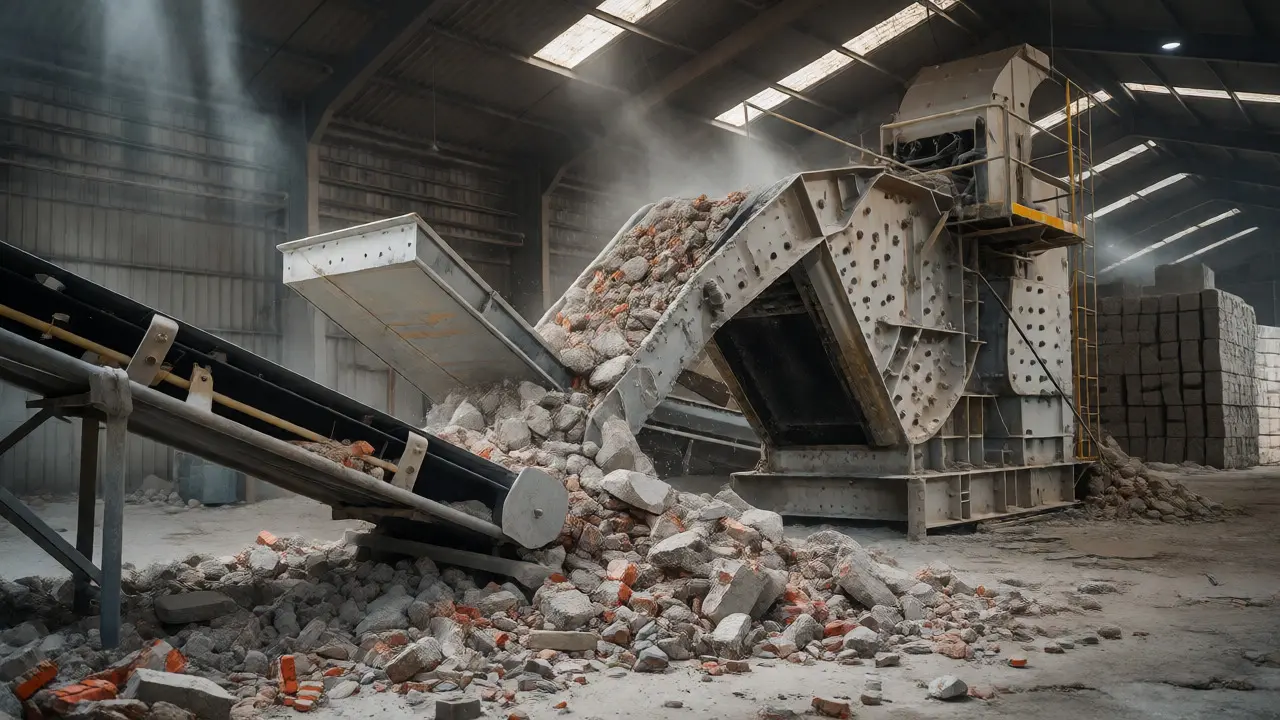 Industrieller Recyclingprozess: Zerkleinerung von Bauschutt zu neuem Schotter im Werk.