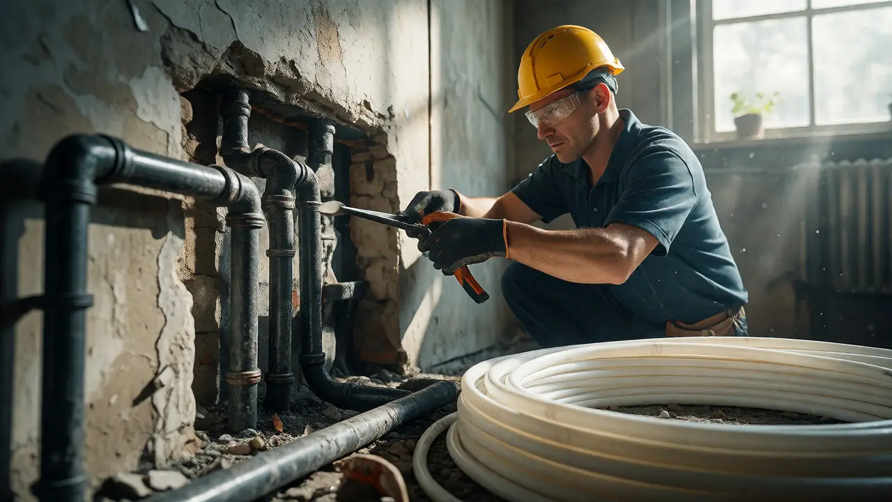 Installateur tauscht altes Bleirohr gegen neues System
