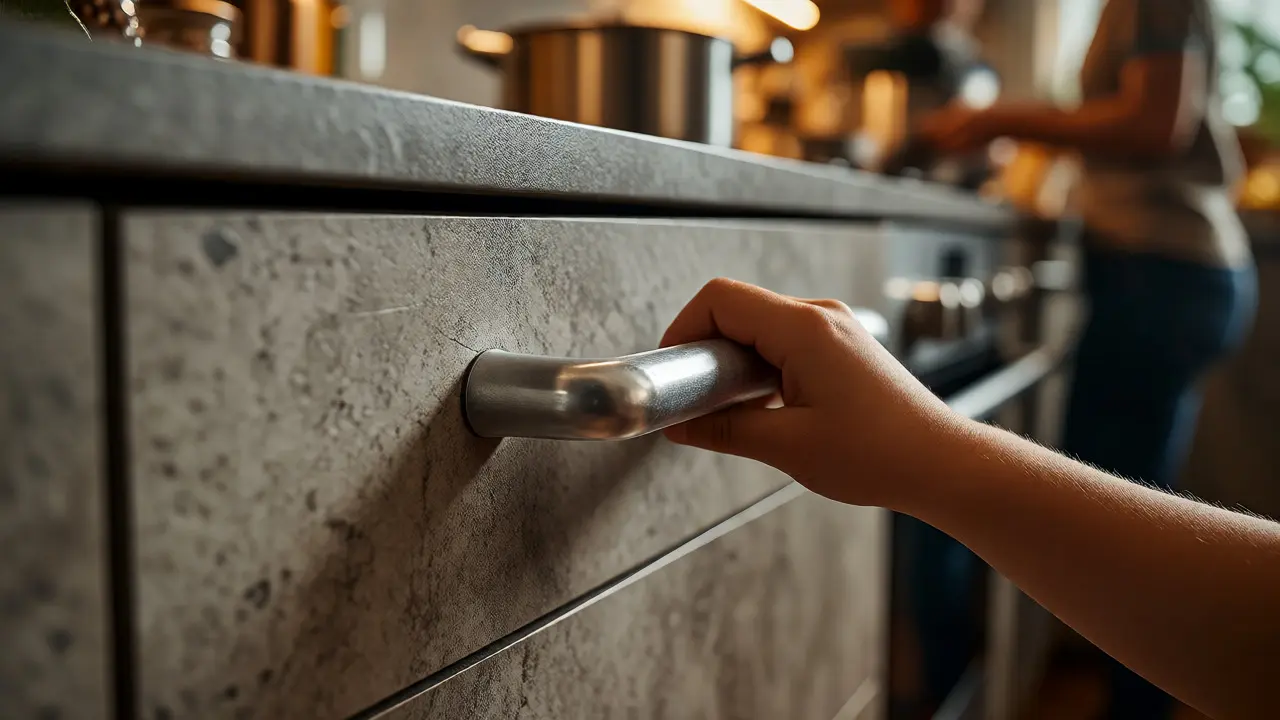 Kinderhand öffnet robuste Schublade mit Aluminiumgriff in einer Familienküche