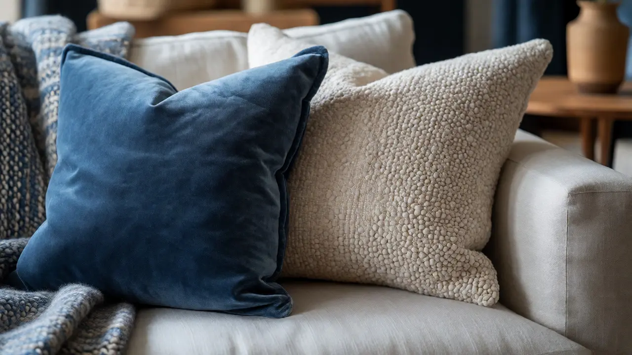 Kissen aus Samt, Leinen und Bouclé auf einem Sofa