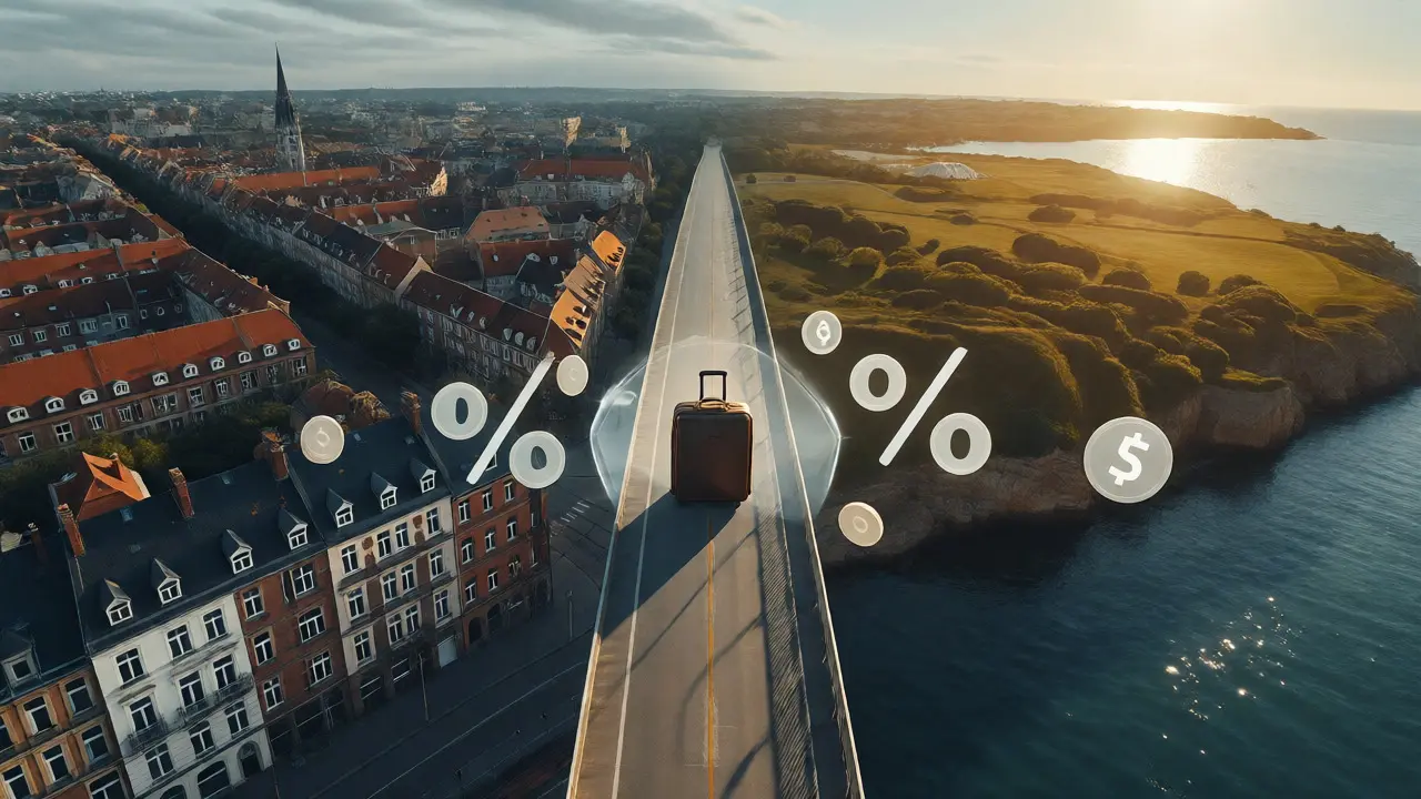 Koffer auf Brücke zwischen Deutschland und Ausland umgeben von Steuer-Symbolen