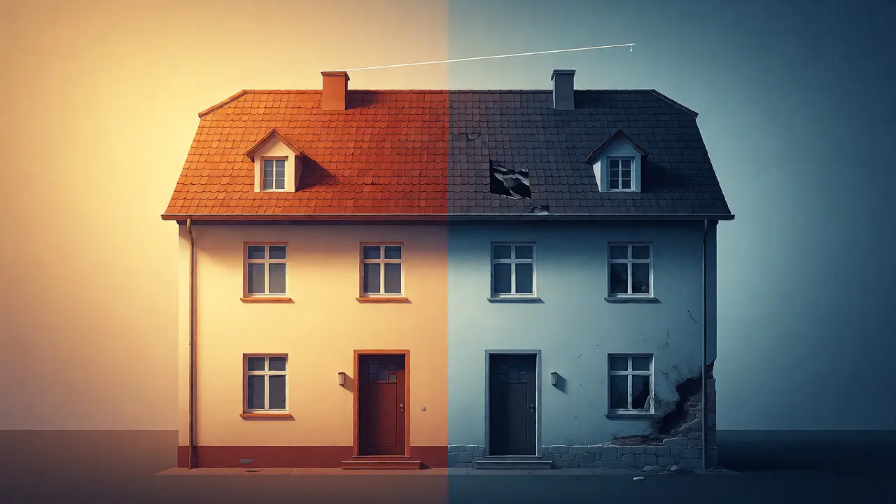 Konzeptgrafik eines Hauses im Vergleich zwischen gutem Zustand und Bauschäden.