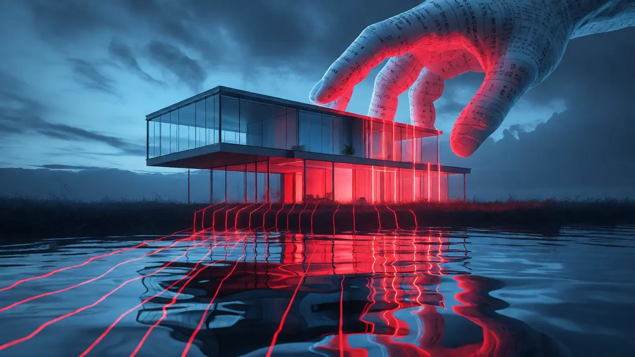 Konzeptkunst: Glas-Haus wird durch steuerliche Linien im Wasser reflektiert