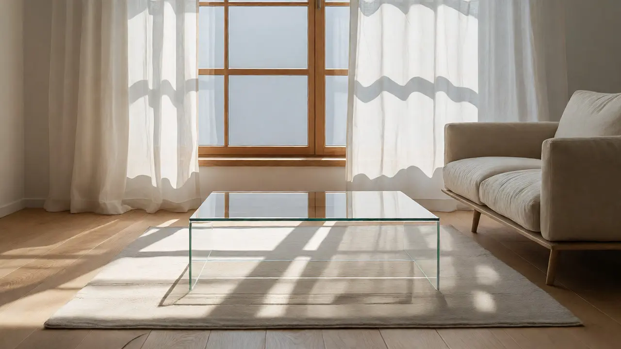 Lichtdurchflutetes Wohnzimmer mit Abstand zum Fenster und Glas-Tisch.