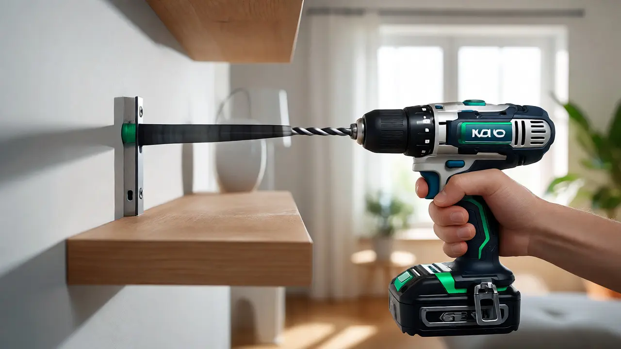 Moderne akkubetriebene Bohrmaschine montiert ein Regal an einer Wand