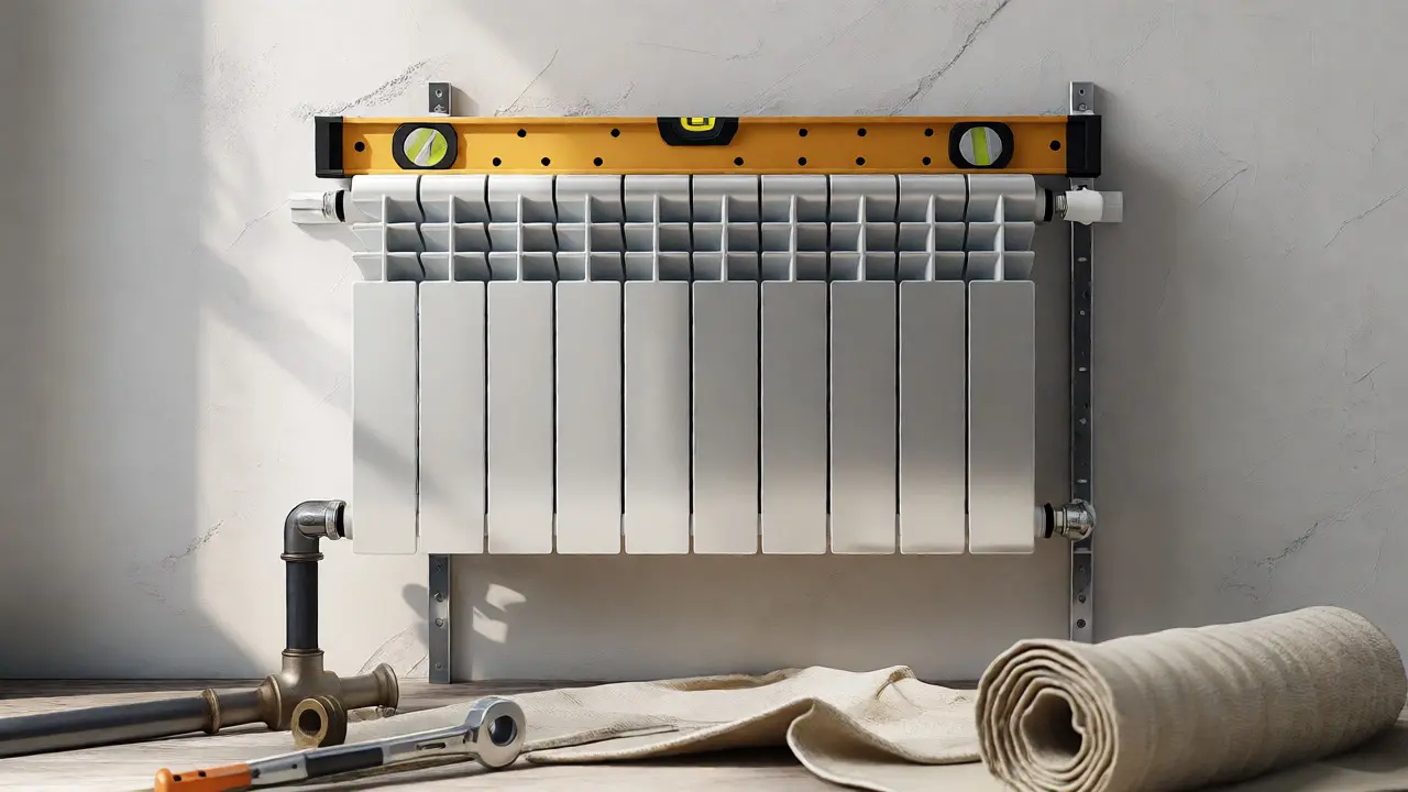 Neuer Plattenheizkörper wird mit Wasserwaage präzise an der Wand montiert.