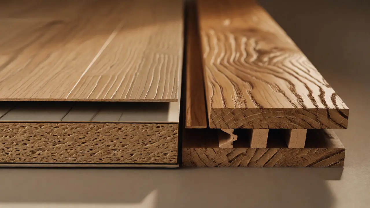 Querschnittsansicht eines Laminatbodens neben einem Massivholz-Parkett mit sichtbaren Schichten.