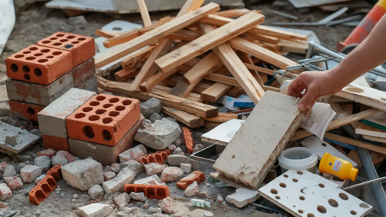 Saubere Trennung von Bauschutt, Holz und Mischabfall auf einer deutschen Baustelle.