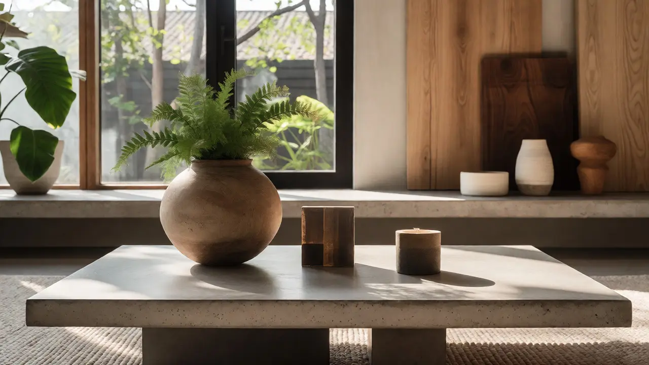 Wohnzimmer mit Pflanzen und gemischten Materialien auf dem Couchtisch